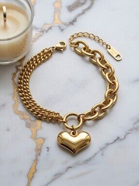 18K Gold Plated Stainless Steel Heart Charm Double Chain Bracelet Coquette 6"